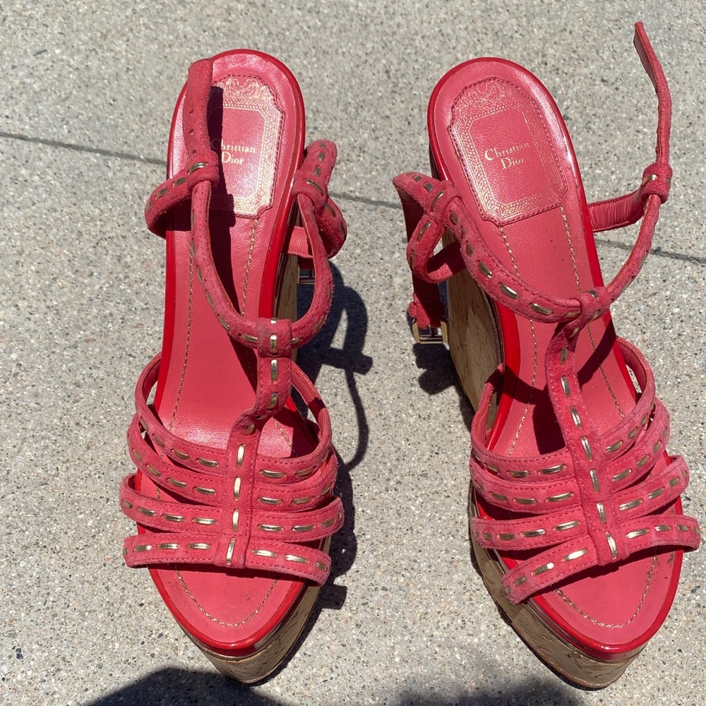 Dior Coral Red Strappy Wedge Sandals
